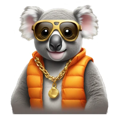 koala wearing an orange puffer vest and sun glasses gold chain sticker
