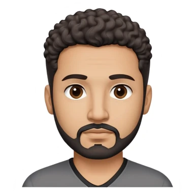 Latino man in his late 40s with light brown skin. Square face with defined jawline. Dark eyes with calm gaze. Short curly dark hair. Black goatee beard with some gray streaks. Wearing a black V-neck shirt. sticker