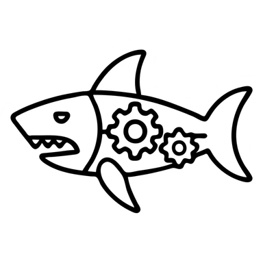 Robot shark with gears and mechanical parts, simple icon design sticker