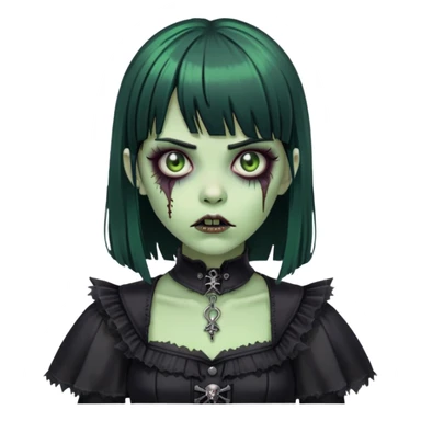 green zombie girl with black hair, bangs, and gothic outfit sticker