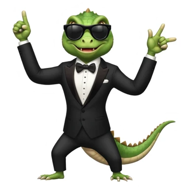 capitalist iguana banker in tuxedo and black sunglasses dancing crazy thumb up sticker