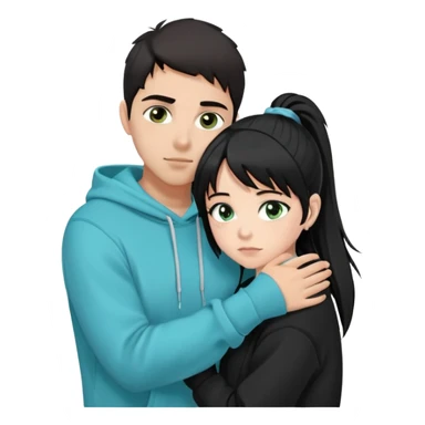 “A dark-haired Latino guy with brown eyes, wearing a black hoodie and a short fringe falling forward, is hugging a very pale, black-haired girl. Only her face is visible — she has greenish-blue eyes and a ponytail, with two strands of hair framing her cheeks.” sticker