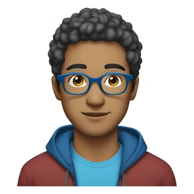 a 25-year-old mixed-race man wearing headphones, a blue hoodie and blue-grey rectangular glasses sticker