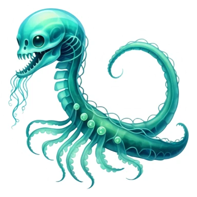 A phosphorescent deep-sea serpent with translucent scales that reveal its glowing skeleton, possessing both jellyfish-like tendrils and the ability to generate electrical pulses that illuminate the ocean depths. sticker
