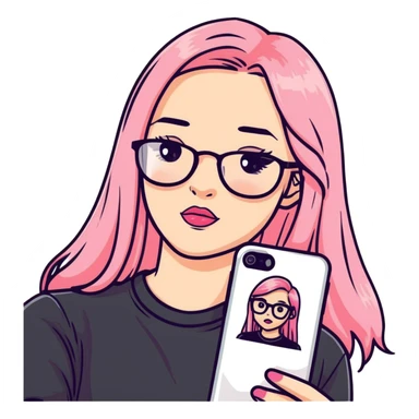 A teenage girl taking a selfie in a school bathroom. She has long, straight blonde and pink-dyed hair, wears rectangular glasses and a black shirt. Her expression is neutral with glossy lips sticker