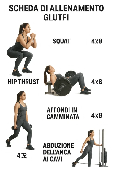 scheda di allenamento glutei in italiano con le reps scritte (tipo 4x8 ecc), iperrealistico 4k sticker