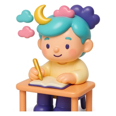 beginner author, sitting at a desk with a notebook, looking inspired and imaginative, using a color palette of soft pastel colors with accents of gold and deep purple sticker