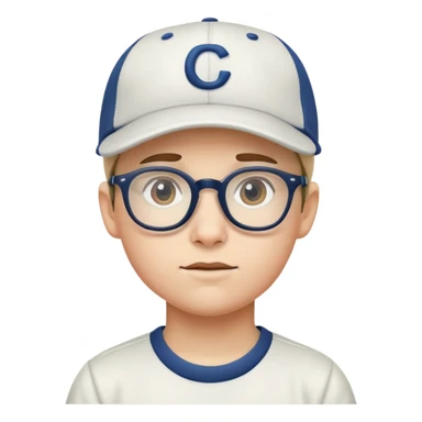 boy with glasses and baseball cap sticker