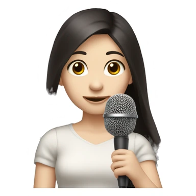 a girl with long black-brown hair, hazel eyes, pale skin, singing into a microphone sticker