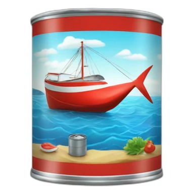 realistic can of tuna fish sowing the shape of a sailling boat on a sea background sticker