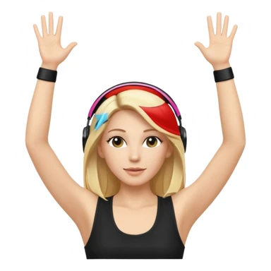 I want a white female dj animated gif emoji with long straight centre parting blonde hair putting hands up in the air. Wearing a black tight top with no sleeve sticker