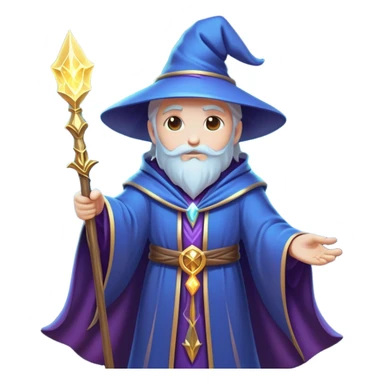 Clash of Clans aesthetic: Cinematic heroic powerful Wizard Hero Emoji, rendered in a 3D vector-style similar to standard emojis with minimal shading and bold, simplified shapes. A compact, isometric figure draped in flowing enchanted robes and wielding a mystical staff, softly glowing with an arcane magical charm. Simplified yet unmistakably iconic, highly detailed and consistent, glowing with a soft radiant glow and high shine. Stylized with a touch of whimsical sorcery and a soft glowing outline, capturing the essence of a powerful wizard ready to cast spells with a friendly, playful spirit! sticker