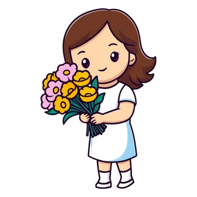 cool girl with long brown hair and fair skin tilting her head to the side while holding a bouquet of flowers sticker