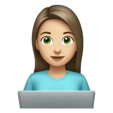 Caucasian girl, long dark brown hair, green eyes, wearing a light blue shirt with laptop sticker