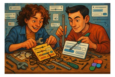 Two designers in a creative repair lab, one with curly hair and one with short dark hair, working together to fix messy old UI components. They are focused and playful, surrounded by tools like a wrench, ruler, and Figma interface elements. The scene is part chaotic, part clever, showing them transforming legacy UI into something clean and beautiful. sticker