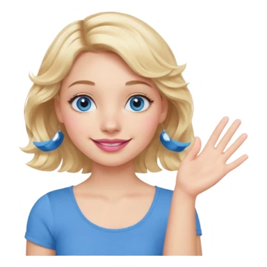 Girl Blonde short wavy hair,  blue eyes, cute blue top, long lashes, pink lips, smiling, one hand palm up side ways  sticker