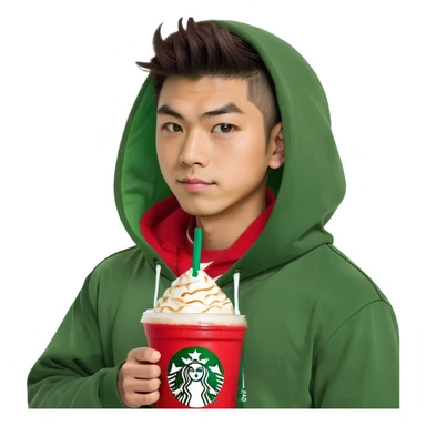 Japanese boy holding Frappuccino in Starbucks cup with a big red laccrose hooding on sticker