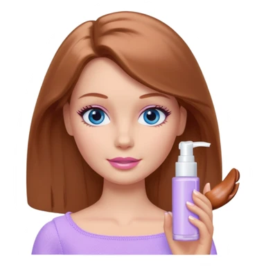 Barbie girl Chestnut Shoulder-length hair and blue eyes is In pale purple applying cream on face sticker