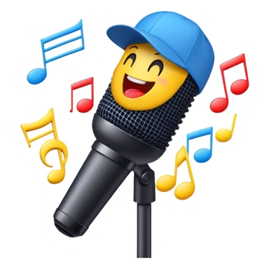 Create a dynamic and energetic emoji that represents beatboxing. The design should feature a microphone with a singing mouth and soundwaves or rhythmic beats emanating from it, symbolizing the vocal percussion and rhythm of beatboxing. Add a cap placed on top of the microphone to reflect street culture and the individuality of the performer. Include musical notes floating around to emphasize the musicality. Use bold, vibrant colors like neon blue, red, and yellow to convey energy and excitement. The background should be transparent. sticker