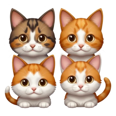 3 different coloured small cats including a dark brown tabby and white, and a patchy calico, and a ginger and white sticker