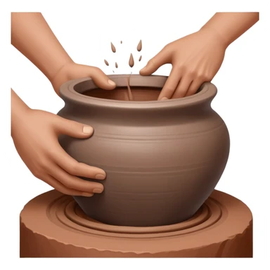 Close-up of two hands working from outside a clay vessel on a silver pottery wheel, both pinching and lifting the clay upward at the same spot to form the vessel wall sticker