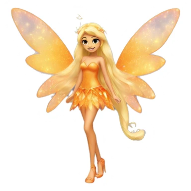 Stella adult latina fairy of nature in her enchantix fairy orange two piece clothing and fairy enchantix wings and long blonde hair from winx club. Small eyes, Lots of sparkles and fairydust. Full body and full fairy bliss sticker