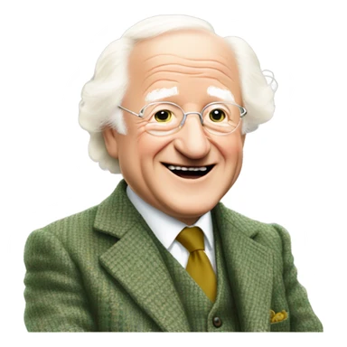 michael d higgins smiling and wearing green tweed suit and waving sticker