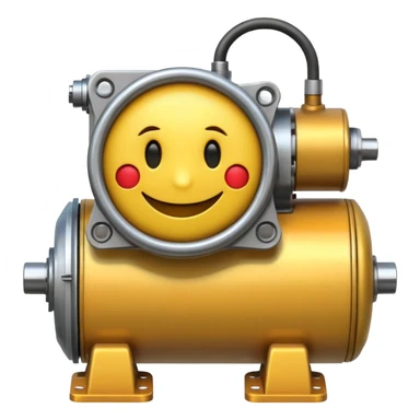 Industrial mechanical motor with a smiley face, emoji for the new electric music genre Motor breaks must be friendly and sellable must be small but clear child friendly, ready to use as a logo, motor synth make sure it's not Cold sticker