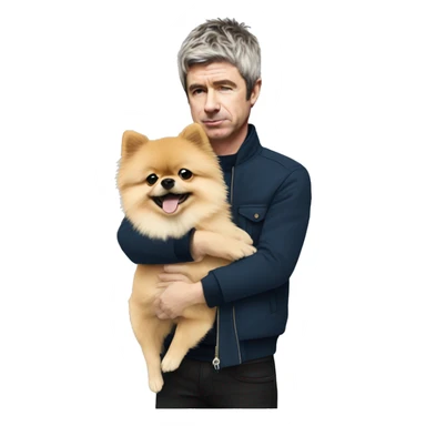 noel gallagher hugging pomeranian dog sticker