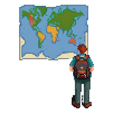 confused traveler with backpack looking at map sticker