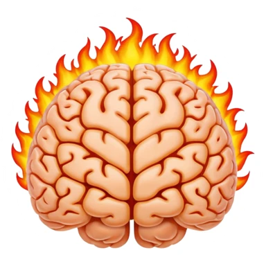 high-quality minimal emoji human brain with vivid bright flames surrounding it, symbolizing intense exploration and creativity, small clear and suitable for emoji use sticker
