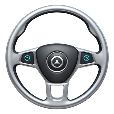 A futuristic steering wheel emoji made of silver chrome, minimal geometric design, smooth metallic surface, soft reflections, iOS emoji style, centered, clean white background sticker