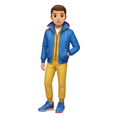 un hombre con: una chaqueta amarilla, pantalones rojos y zapatos azules. sticker