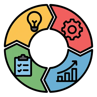 modern circular cycle diagram with pie chart segments, each segment representing a phase with icon, isolated on white background sticker