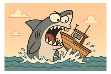 a shark eating a boat, cartoon style, simple shapes, bold lines, playful sticker