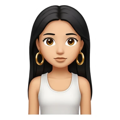 Create an ios iphone emoji of a girl with black long straight layered hair with dark brown eyes, caramel coloured skin colour and wearing a white tank top and wearing small gold hoop earings sticker