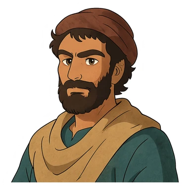A Tajik man with medium to tall height, well-defined features, slightly curved nose, dark-brown eyes, thick eyebrows meeting above the nose, slightly wavy hair, rich brown skin, and a fuller beard sticker