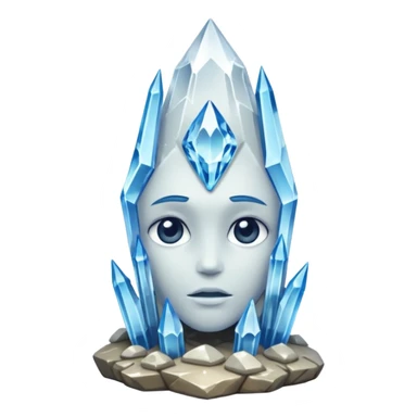 A single crystal rock character inspired by a clear quartz cluster, amorph base with many tall transparent crystal spikes growing upward all around it with a face sticker