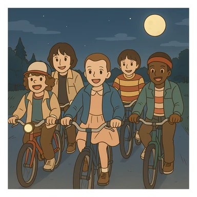 Iconic Stranger Things scene: group of friends (Eleven, Mike, Dustin, Lucas, and Will) riding bicycles together at night, all smiling, atmosphere of friendship and adventure, simple line art, light pastel tones, thick outlines, Ghibli style, 1:1 format, safe and friendly. sticker