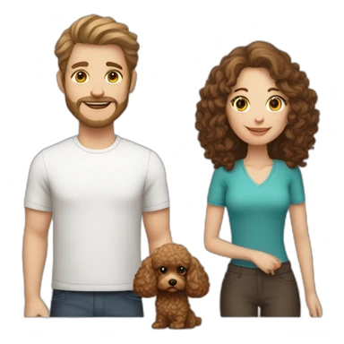 A white man with light brown hair, a white woman with long dark brown hair and a toy poodle with brown hair sticker