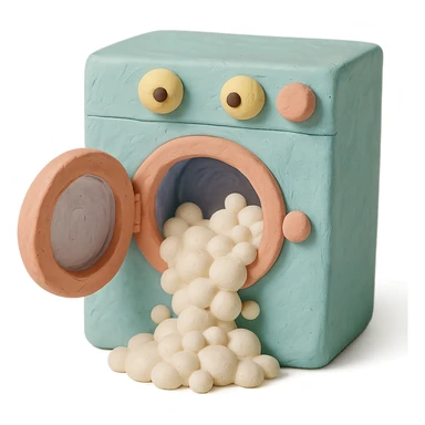 playful washing machine in claymation style with bubbly soap and open door, pastel colors sticker