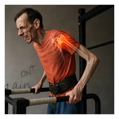 Hyperrealistic 4K image of a very thin man performing a dip on parallel bars, side position as in the reference, showing an expression of pain. Shoulder highlighted with an X-ray effect showing joint and inflammation. Realistic details, gym atmosphere. Variant 7. sticker