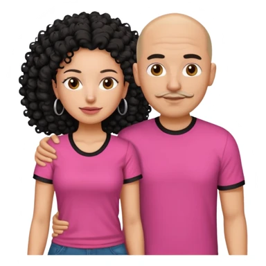 A picture if a couple, the man is a bald Mexican man with a black tee shirt on and the woman is mixed with black and white, with curly hair and a pink shirt on sticker