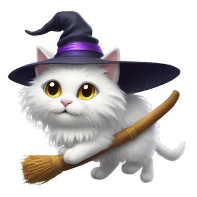 White fluffy cat on a broom with a witch hat sticker