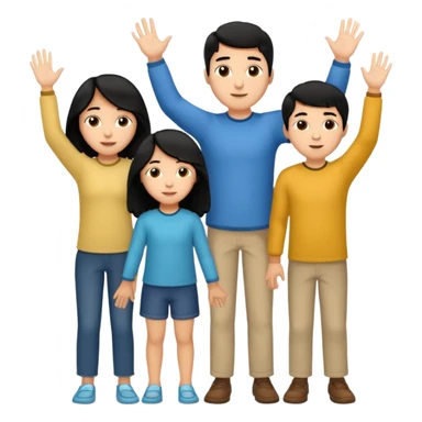 Hispanic family of five grouped together, mom with long straight hair, dad with short curly hair, two boys with matching short hair, one girl with long straight hair, no raised hands, transparent background sticker