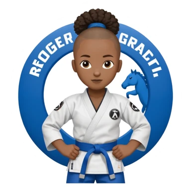 black karate instructor with pony tail afro hair and shaved bald sides haircut, Make the hair brown and the belt blue. Add the roger Gracie academy logo on the go also and the p logo of progress jiu jitsu on the right arm at the top sticker