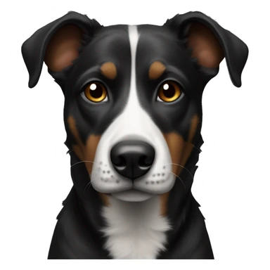 black street dog ears up with a white chest sticker