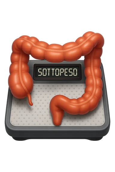 bilancia pesapersone con la scritta "SOTTOPESO" SUL DISPLAY, INTESTINO UMANO SULLA BILANCIA, stile emoji iphone, iperrealistico 4k sticker