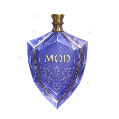 luxurious crystal elixir bottle in shield shape, color #7986cb, with inscription 'Mod', lots of glow, edges, ornaments, golden details, magical effects, very small golden neck, transparent background, beautiful seamless base, bottle clearly floating in air, no base or shadow, premium class impression, modern design, matching crystal, luxurious, magical bottle collection sticker