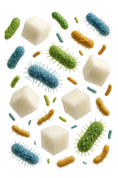 ZOLLETTE DI ZUCCHERO FLUTTUANO IN ARIA INSIEME A BATTERI INTESTINALI REALISTICI
IPERREALISTICO 4K, SFONDO BIANCO sticker